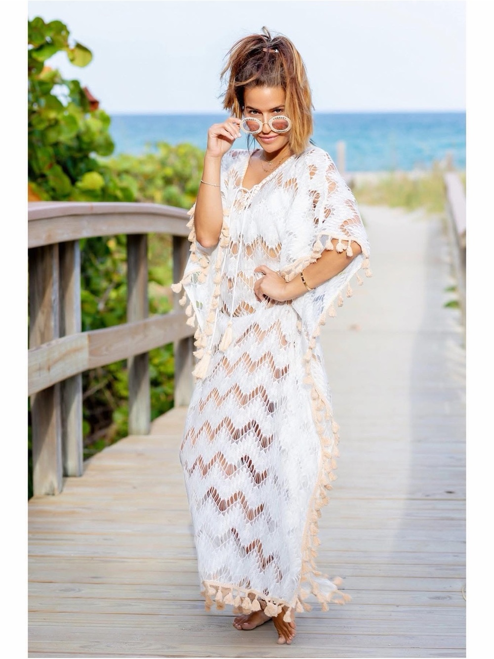 Bebe White Lace Beach Cover-Up Caftan with Tassels
